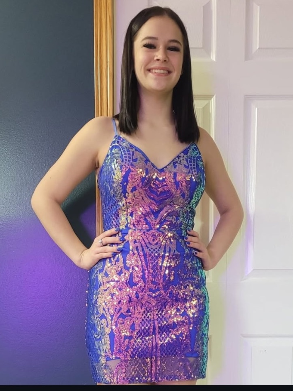 Sequin Embellished Blue V-Neck Mini Dress